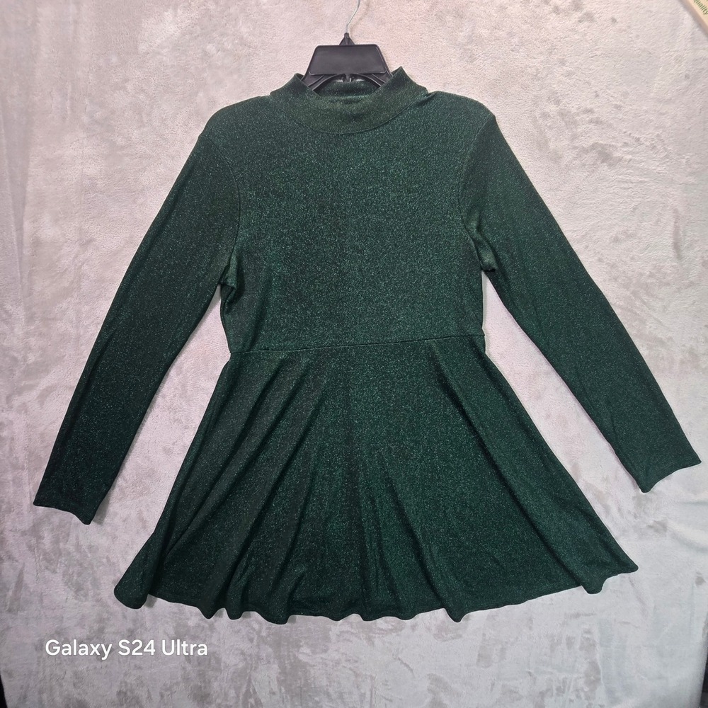 Wild Fable Dark Green Metallic Mock Neck Skater Dress XL Long Sleeve Shimmer